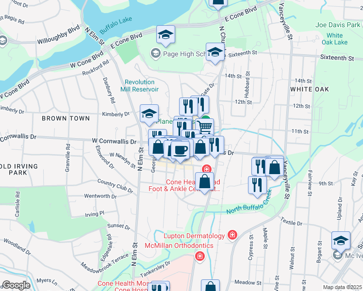 map of restaurants, bars, coffee shops, grocery stores, and more near 308 East Cornwallis Drive in Greensboro