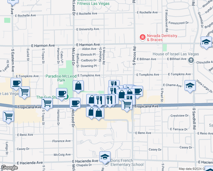 map of restaurants, bars, coffee shops, grocery stores, and more near 4766 South Mojave Road in Las Vegas