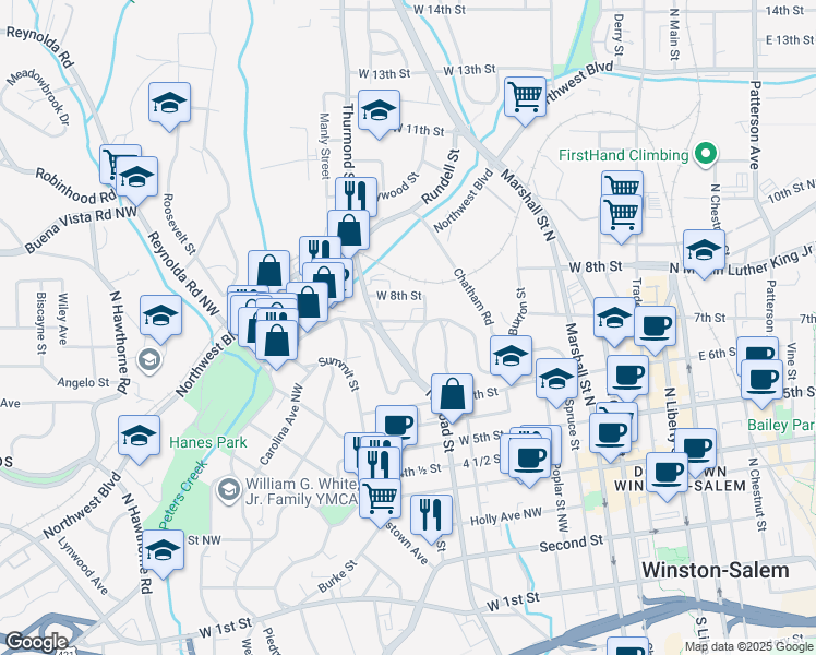 map of restaurants, bars, coffee shops, grocery stores, and more near 201 West End Boulevard in Winston-Salem