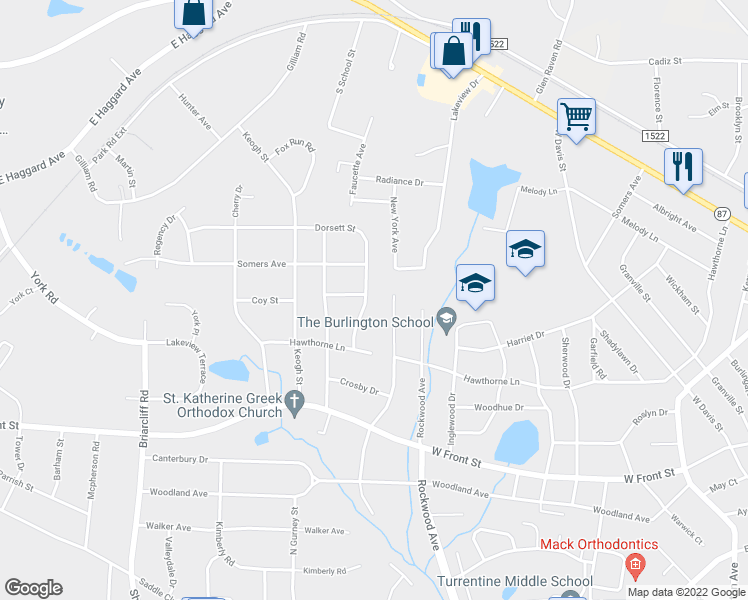 map of restaurants, bars, coffee shops, grocery stores, and more near 1729 Dorsett Street in Burlington