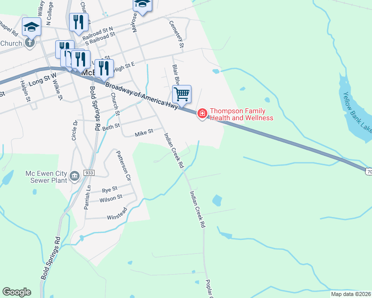 map of restaurants, bars, coffee shops, grocery stores, and more near 18 Twin Oaks Lane in McEwen