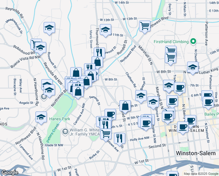 map of restaurants, bars, coffee shops, grocery stores, and more near 227 West End Boulevard in Winston-Salem