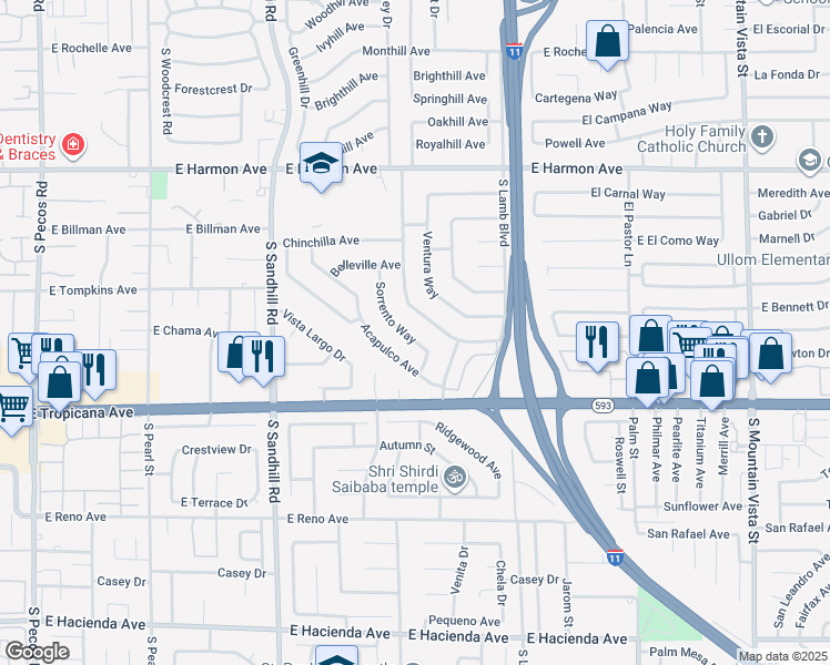 map of restaurants, bars, coffee shops, grocery stores, and more near 4012 Sorrento Way in Las Vegas