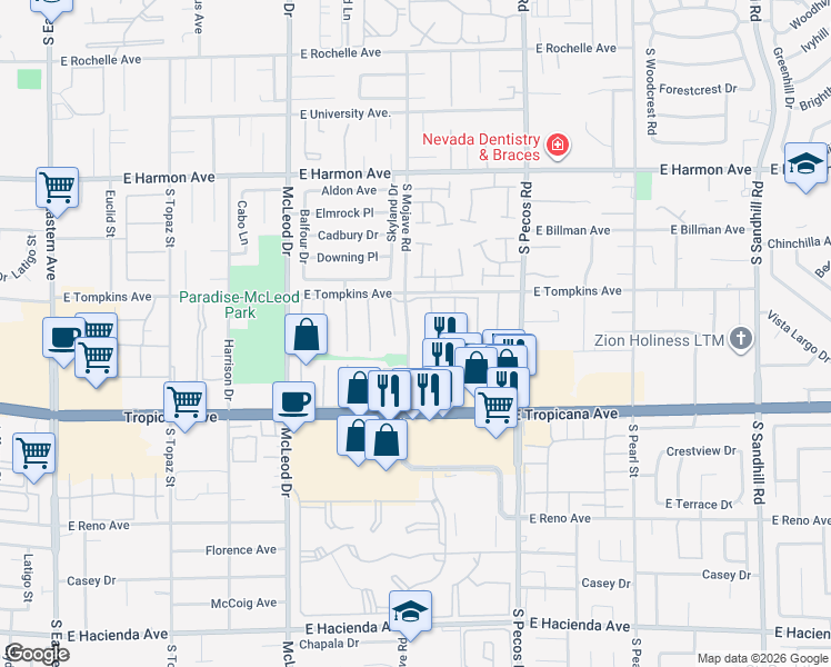 map of restaurants, bars, coffee shops, grocery stores, and more near 4766 South Mojave Road in Las Vegas