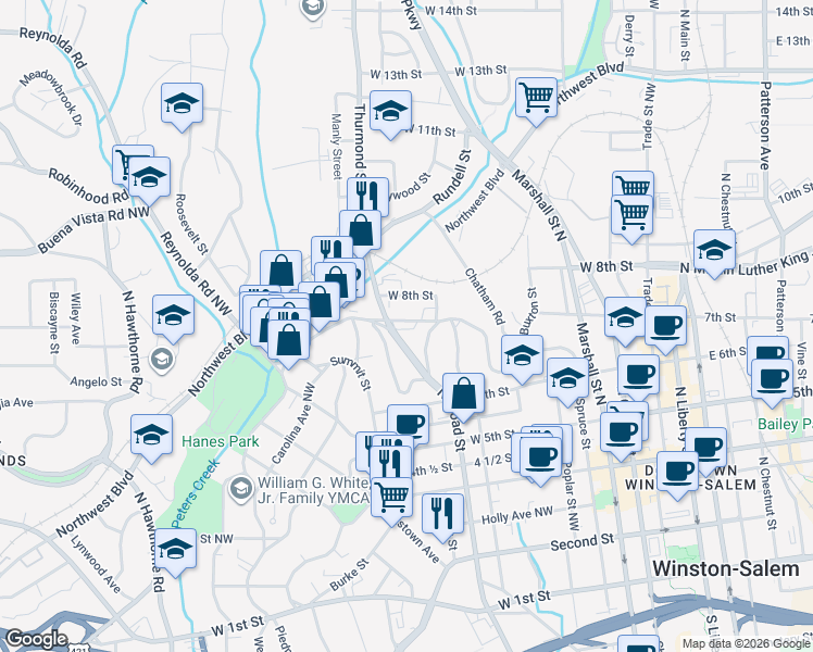 map of restaurants, bars, coffee shops, grocery stores, and more near 824 West 7th Street in Winston-Salem