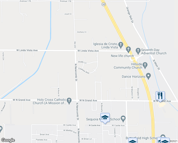 map of restaurants, bars, coffee shops, grocery stores, and more near 1480 Chelsea Way in Porterville