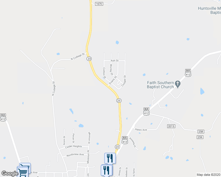 map of restaurants, bars, coffee shops, grocery stores, and more near 29400 Arkansas 23 in Huntsville