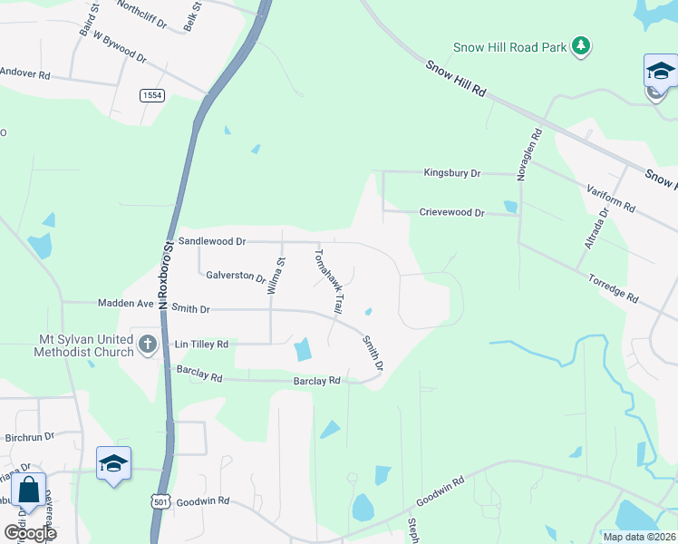 map of restaurants, bars, coffee shops, grocery stores, and more near 5806 Tomahawk Trail in Durham