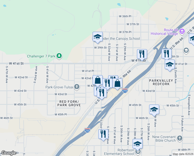 map of restaurants, bars, coffee shops, grocery stores, and more near 4206 South 33rd West Avenue in Tulsa
