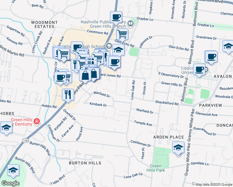 map of restaurants, bars, coffee shops, grocery stores, and more near 1816 Warfield Drive in Nashville