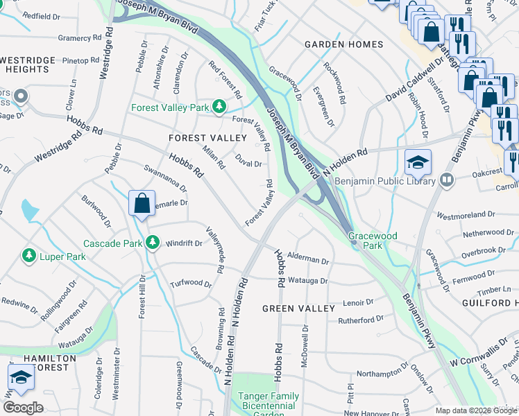 map of restaurants, bars, coffee shops, grocery stores, and more near 1504 Forest Valley Road in Greensboro