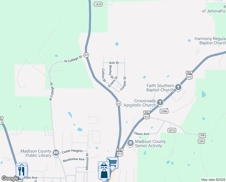 map of restaurants, bars, coffee shops, grocery stores, and more near 29216-29400 Arkansas 23 in Huntsville