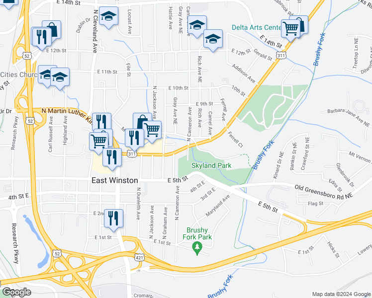 map of restaurants, bars, coffee shops, grocery stores, and more near 1792 New Walkertown Road in Winston-Salem