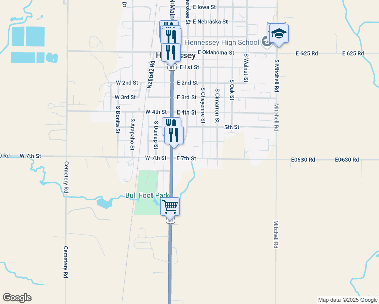 map of restaurants, bars, coffee shops, grocery stores, and more near 213 East 7th Street in Hennessey