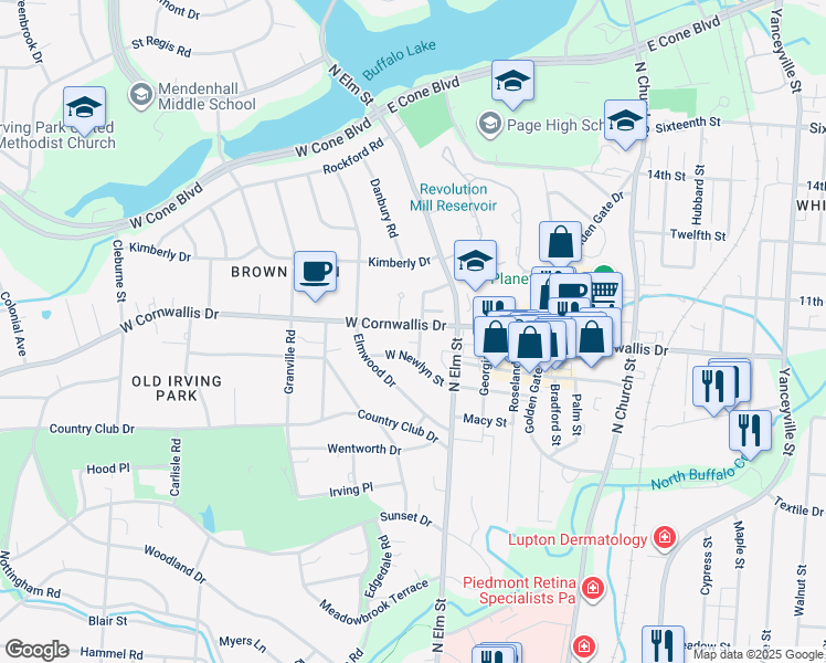 map of restaurants, bars, coffee shops, grocery stores, and more near 2109 Wrenn Street in Greensboro
