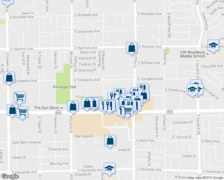 map of restaurants, bars, coffee shops, grocery stores, and more near 4798 Woodridge Road in Las Vegas