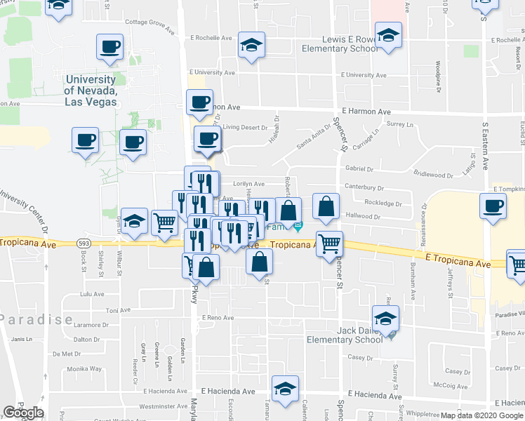 map of restaurants, bars, coffee shops, grocery stores, and more near 1493 Elizabeth Avenue in Las Vegas