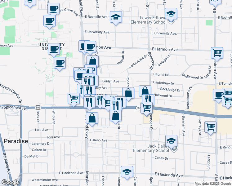 map of restaurants, bars, coffee shops, grocery stores, and more near 1493 Elizabeth Avenue in Las Vegas