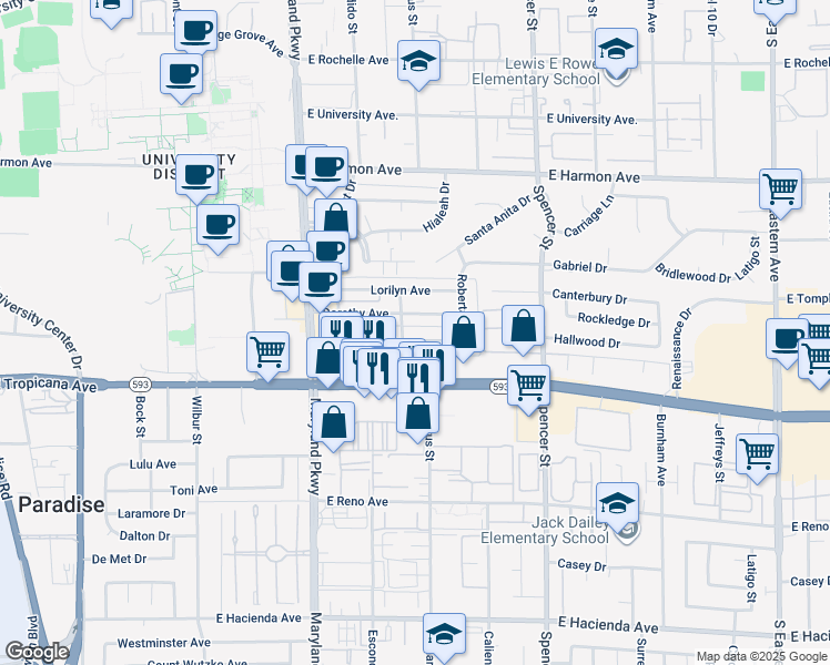 map of restaurants, bars, coffee shops, grocery stores, and more near 1493 Elizabeth Avenue in Las Vegas