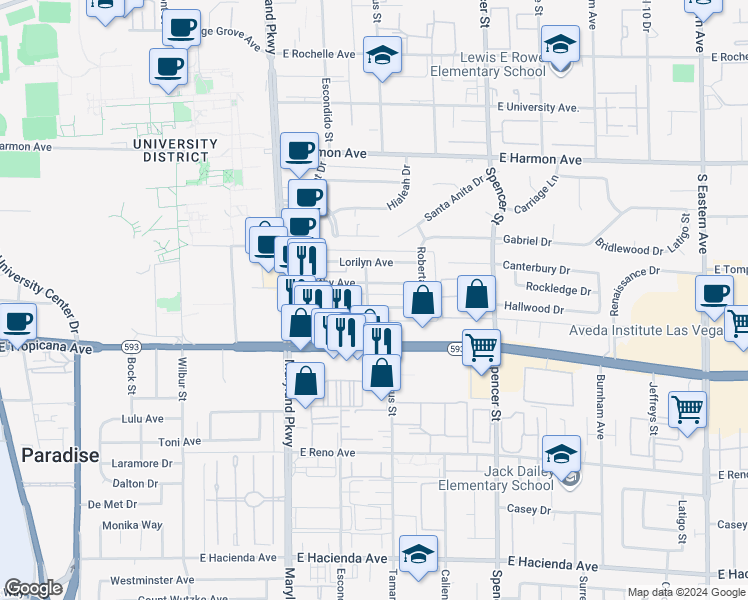 map of restaurants, bars, coffee shops, grocery stores, and more near 1493 Elizabeth Avenue in Las Vegas