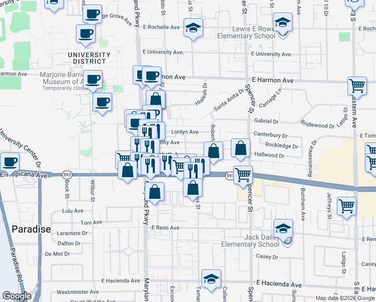 map of restaurants, bars, coffee shops, grocery stores, and more near 1401 Elizabeth Avenue in Las Vegas