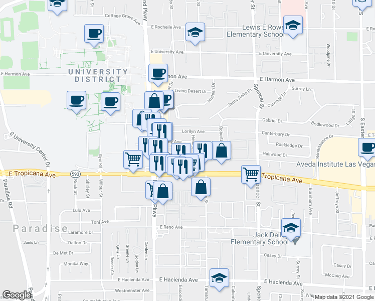 map of restaurants, bars, coffee shops, grocery stores, and more near 1401 Elizabeth Avenue in Las Vegas