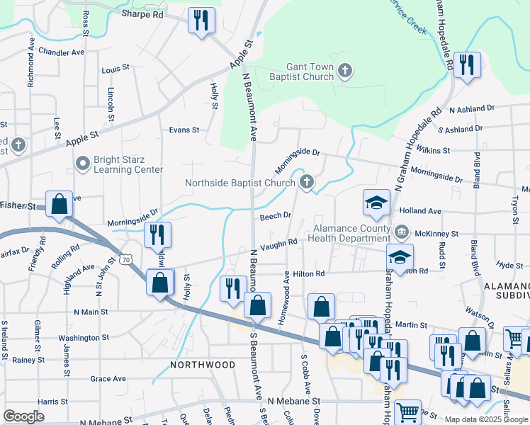 map of restaurants, bars, coffee shops, grocery stores, and more near 1410 Beech Drive in Burlington