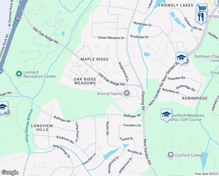 map of restaurants, bars, coffee shops, grocery stores, and more near 5000 Marigold Way in Greensboro