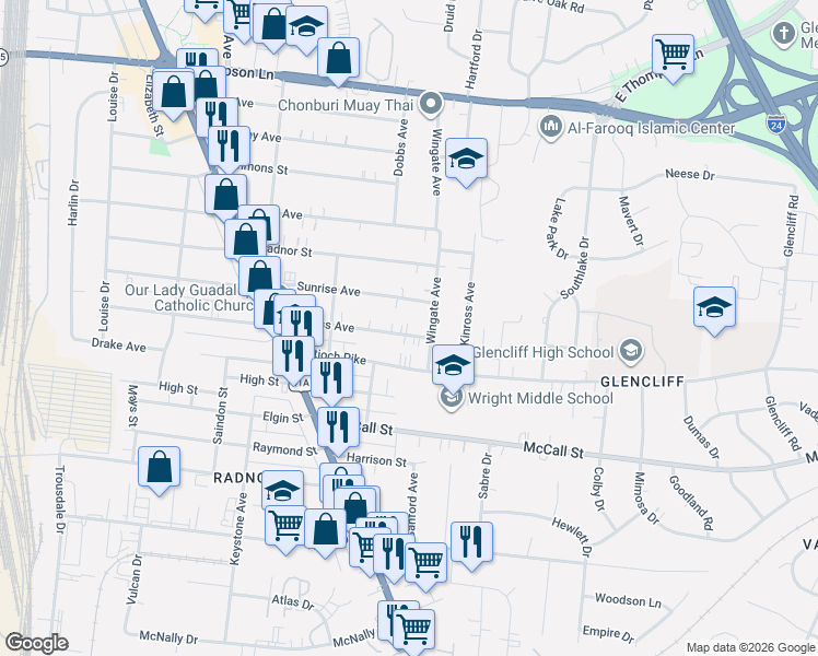 map of restaurants, bars, coffee shops, grocery stores, and more near 239 Thuss Avenue in Nashville