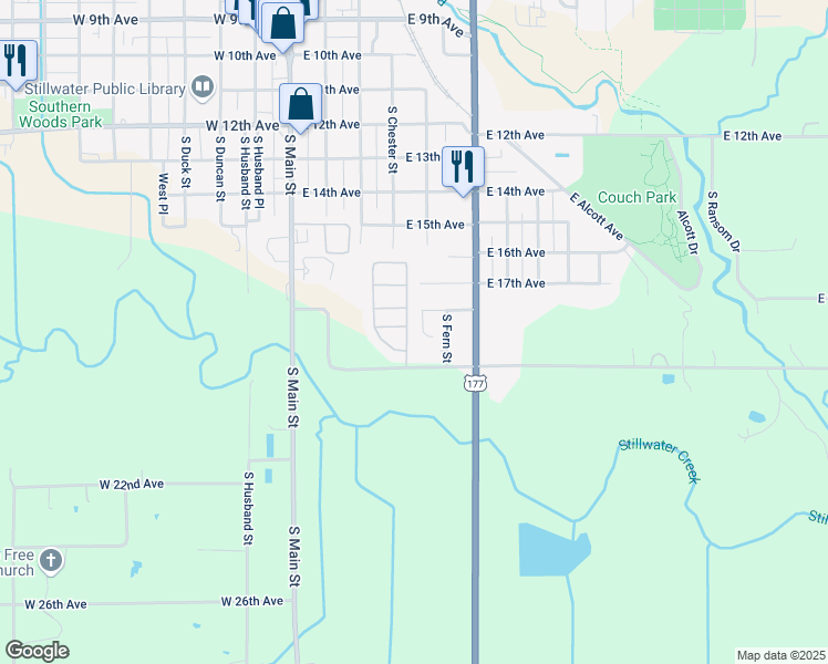map of restaurants, bars, coffee shops, grocery stores, and more near 1832 South Lowry Street in Stillwater