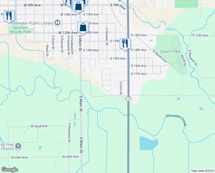 map of restaurants, bars, coffee shops, grocery stores, and more near 1832 South Lowry Street in Stillwater