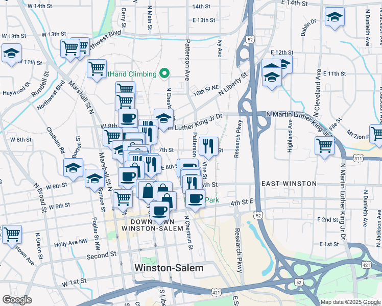 map of restaurants, bars, coffee shops, grocery stores, and more near 623 Patterson Avenue in Winston-Salem