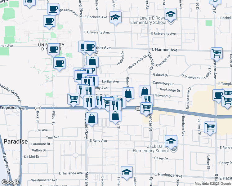 map of restaurants, bars, coffee shops, grocery stores, and more near 1493 Elizabeth Avenue in Las Vegas