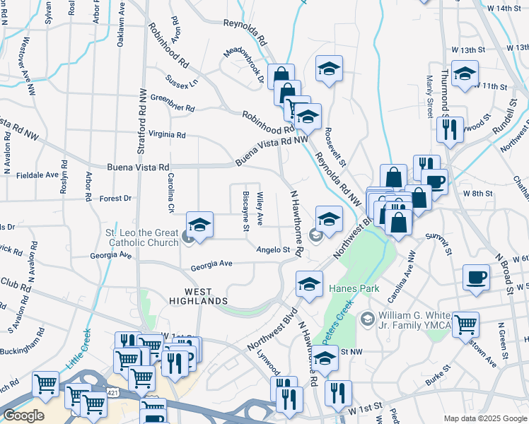 map of restaurants, bars, coffee shops, grocery stores, and more near 310 Wiley Avenue in Winston-Salem
