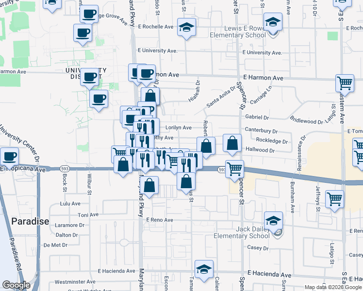 map of restaurants, bars, coffee shops, grocery stores, and more near 1401 Elizabeth Avenue in Las Vegas