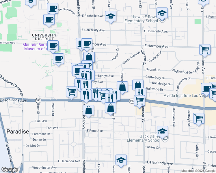 map of restaurants, bars, coffee shops, grocery stores, and more near 1454 Elizabeth Avenue in Las Vegas