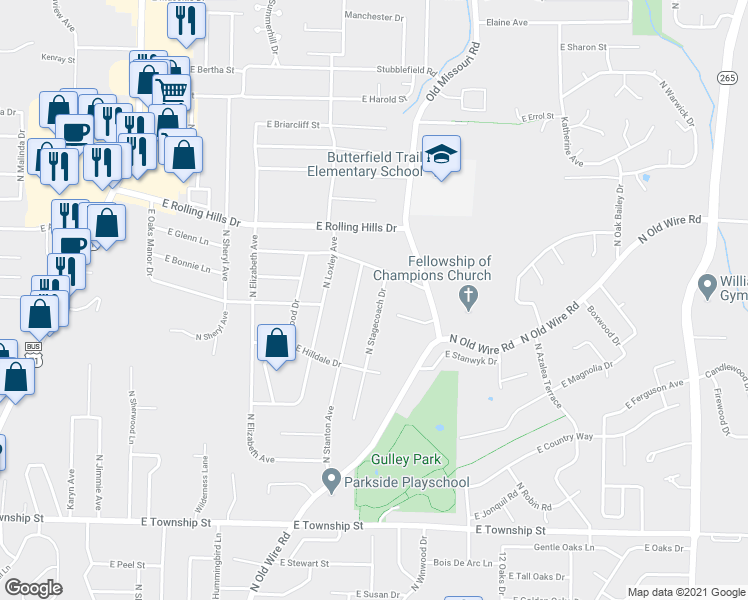 map of restaurants, bars, coffee shops, grocery stores, and more near 2829 North Stagecoach Drive in Fayetteville