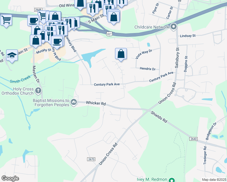 map of restaurants, bars, coffee shops, grocery stores, and more near 405 Century Court in Kernersville