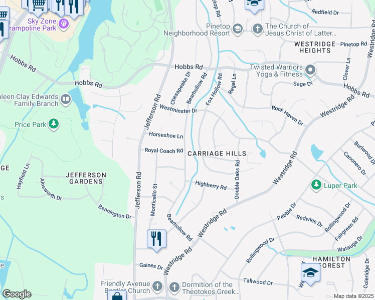 map of restaurants, bars, coffee shops, grocery stores, and more near 1405 Bearhollow Road in Greensboro