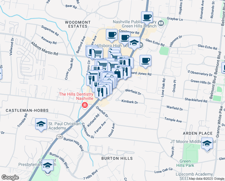 map of restaurants, bars, coffee shops, grocery stores, and more near 4044 Hillsboro Pike in Nashville