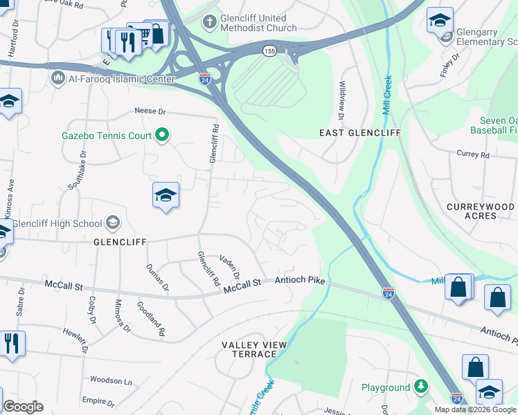 map of restaurants, bars, coffee shops, grocery stores, and more near 100 Antioch Pike in Nashville