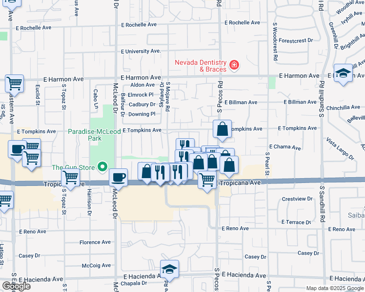 map of restaurants, bars, coffee shops, grocery stores, and more near 4760 Woodridge Road in Las Vegas