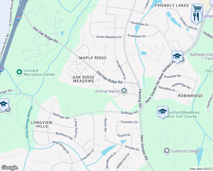 map of restaurants, bars, coffee shops, grocery stores, and more near 5801 Old Oak Ridge Road in Greensboro