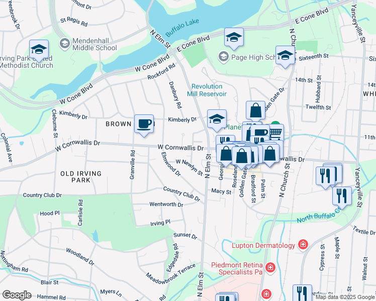 map of restaurants, bars, coffee shops, grocery stores, and more near 2109 Wrenn Street in Greensboro