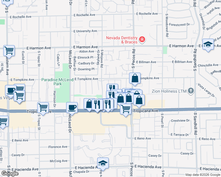map of restaurants, bars, coffee shops, grocery stores, and more near 4798 Woodridge Road in Las Vegas