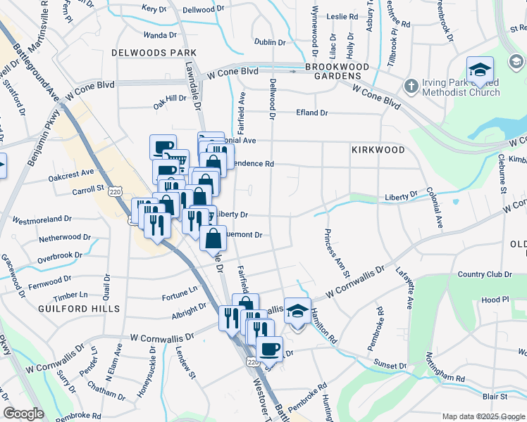 map of restaurants, bars, coffee shops, grocery stores, and more near 2002 Liberty Drive in Greensboro