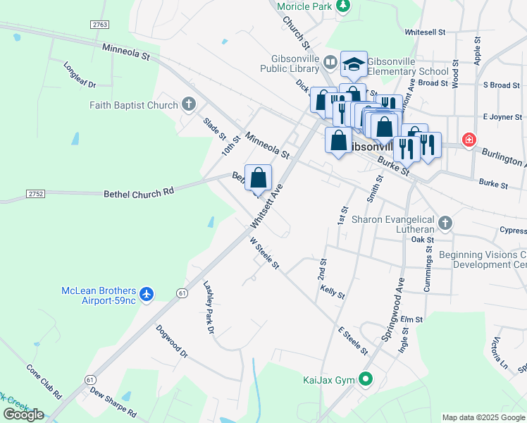 map of restaurants, bars, coffee shops, grocery stores, and more near Whitsett Avenue in Gibsonville