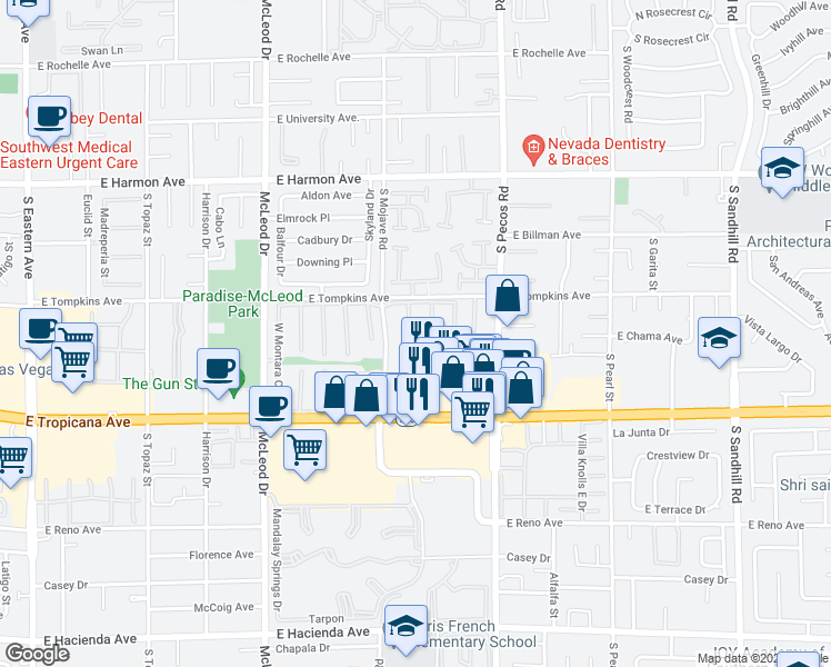 map of restaurants, bars, coffee shops, grocery stores, and more near 4760 Woodridge Road in Las Vegas