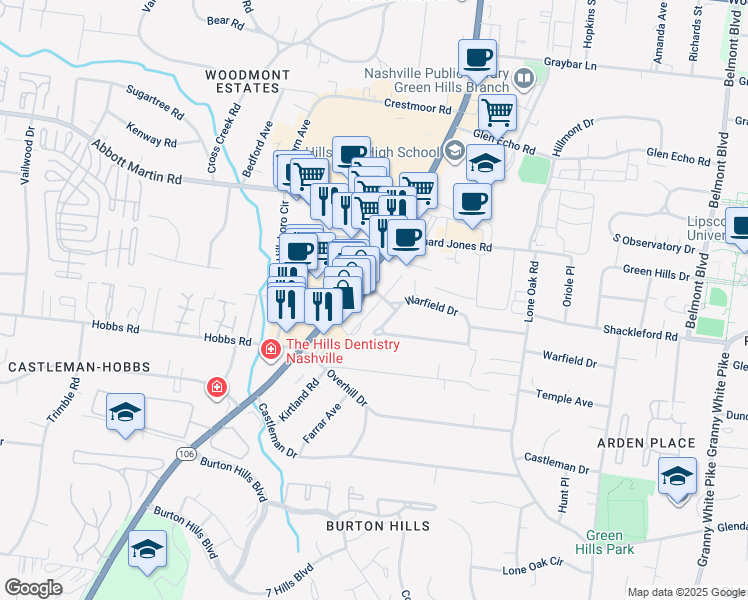 map of restaurants, bars, coffee shops, grocery stores, and more near 4109 Kimbark Drive in Nashville