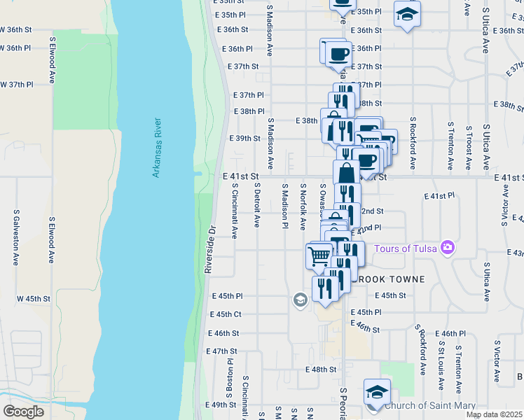 map of restaurants, bars, coffee shops, grocery stores, and more near 4215 South Detroit Avenue in Tulsa